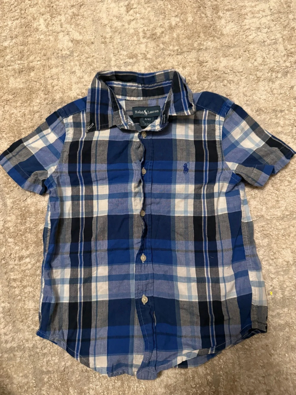 Ralph Lauren Blue White Gray Plaid Short Sleeve Button-Down Cotton Shirt size 4T